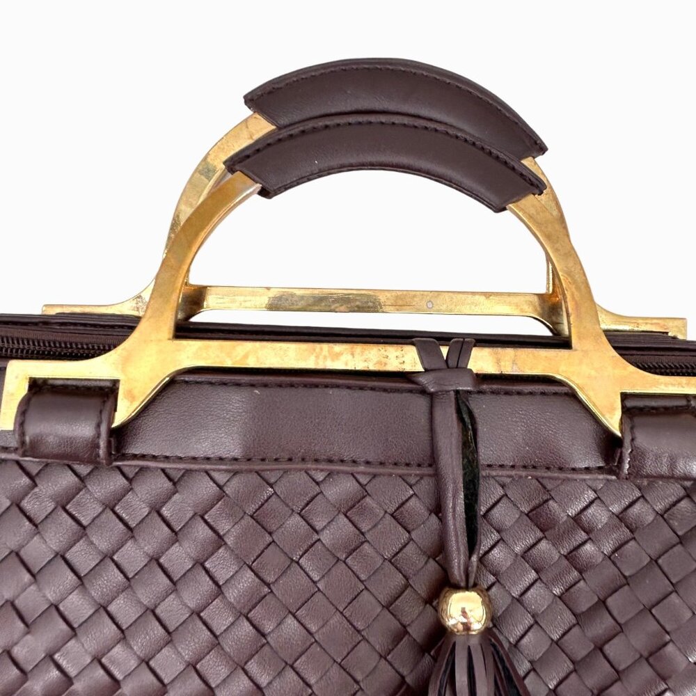 NWOT JOY MANGANO BROWN WOVEN LARGE PURSE BAG TOTE W/ TASSEL - Picture 5 of 14
